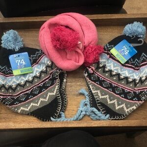 Studio Kids Pom-Pom Earflap Hats and Pink Scarf - Black, Pink, Blue, Gray